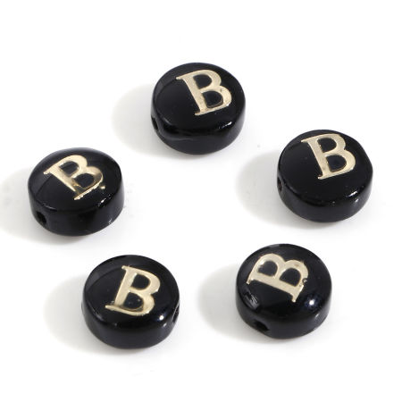 Picture of Natural Dyed Shell Loose Beads For DIY Jewelry Making Round Black Initial Alphabet/ Capital Letter Pattern Message " B " Double Sided About 8mm Dia, Hole:Approx 0.5mm, 5 PCs
