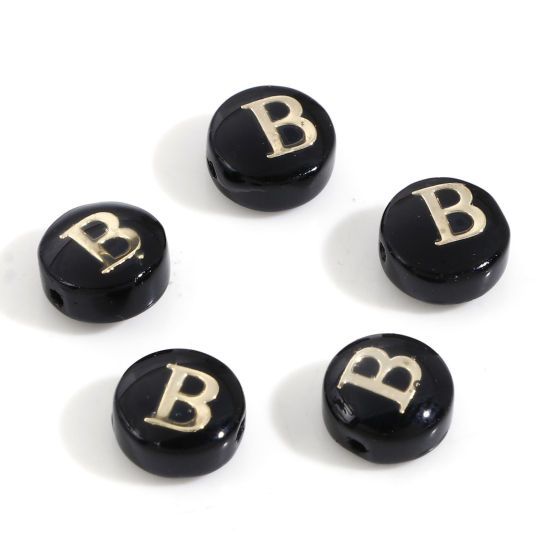 Picture of Natural Dyed Shell Loose Beads For DIY Charm Jewelry Making Round Black Initial Alphabet/ Capital Letter Pattern Message " B " Double Sided About 8mm Dia, Hole:Approx 0.5mm, 5 PCs