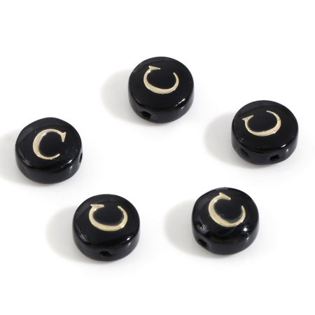 Picture of Natural Dyed Shell Loose Beads For DIY Jewelry Making Round Black Initial Alphabet/ Capital Letter Pattern Message " C " Double Sided About 8mm Dia, Hole:Approx 0.5mm, 5 PCs