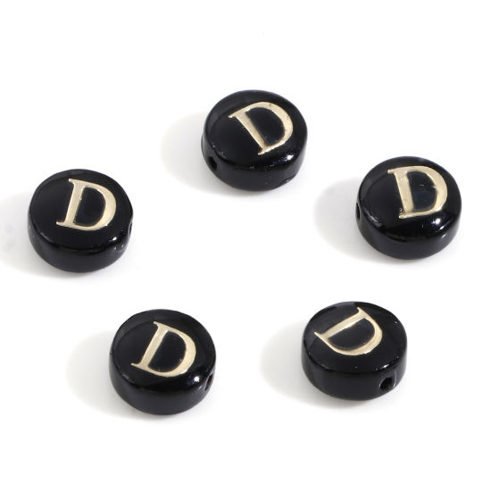 Picture of Natural Dyed Shell Loose Beads For DIY Charm Jewelry Making Round Black Initial Alphabet/ Capital Letter Pattern Message " D " Double Sided About 8mm Dia, Hole:Approx 0.5mm, 5 PCs