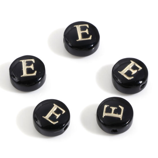Picture of Natural Dyed Shell Loose Beads For DIY Charm Jewelry Making Round Black Initial Alphabet/ Capital Letter Pattern Message " E " Double Sided About 8mm Dia, Hole:Approx 0.5mm, 5 PCs