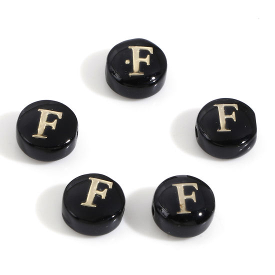 Image de Perles pour DIY Fabrication de Bijoux de Charme en Coquille Rond Noir Alphabet Initial/ Lettre Majuscule Mots" F " Double Face 8mm Dia, Taille de Trou: 0.5mm, 5 Pcs