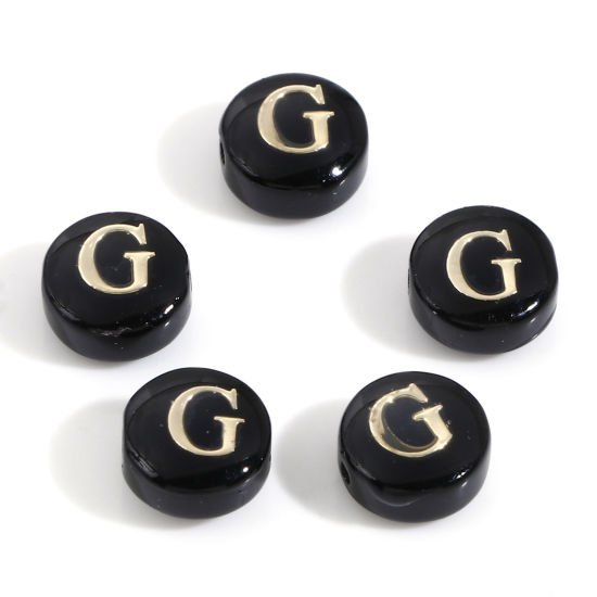 Image de Perles pour DIY Fabrication de Bijoux de Charme en Coquille Rond Noir Alphabet Initial/ Lettre Majuscule Mots" G " Double Face 8mm Dia, Taille de Trou: 0.5mm, 5 Pcs
