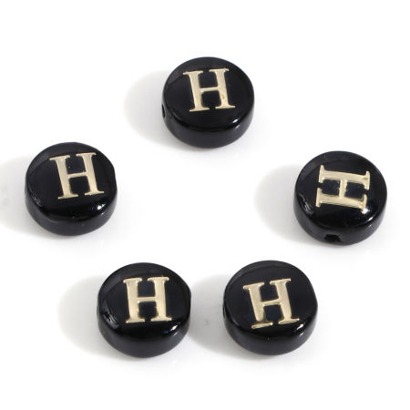 Picture of Natural Dyed Shell Loose Beads For DIY Jewelry Making Round Black Initial Alphabet/ Capital Letter Pattern Message " H " Double Sided About 8mm Dia, Hole:Approx 0.5mm, 5 PCs