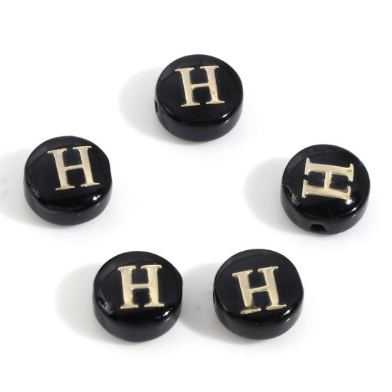 Picture of Natural Dyed Shell Loose Beads For DIY Charm Jewelry Making Round Black Initial Alphabet/ Capital Letter Pattern Message " H " Double Sided About 8mm Dia, Hole:Approx 0.5mm, 5 PCs