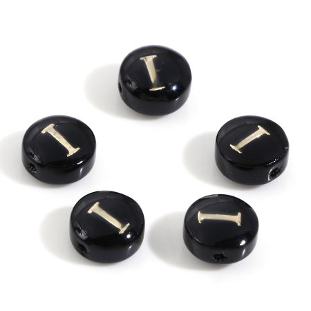 Image de Perles pour DIY Fabrication de Bijoux en Coquille Rond Noir Alphabet Initial/ Lettre Majuscule Mots" I " Double Face 8mm Dia, Taille de Trou: 0.5mm, 5 Pcs