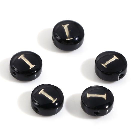 Picture of Natural Dyed Shell Loose Beads For DIY Charm Jewelry Making Round Black Initial Alphabet/ Capital Letter Pattern Message " I " Double Sided About 8mm Dia, Hole:Approx 0.5mm, 5 PCs
