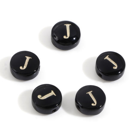 Image de Perles pour DIY Fabrication de Bijoux en Coquille Rond Noir Alphabet Initial/ Lettre Majuscule Mots" J " Double Face 8mm Dia, Taille de Trou: 0.5mm, 5 Pcs