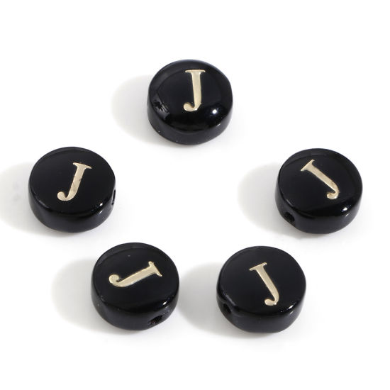 Image de Perles pour DIY Fabrication de Bijoux de Charme en Coquille Rond Noir Alphabet Initial/ Lettre Majuscule Mots" J " Double Face 8mm Dia, Taille de Trou: 0.5mm, 5 Pcs