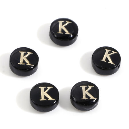 Picture of Natural Dyed Shell Loose Beads For DIY Jewelry Making Round Black Initial Alphabet/ Capital Letter Pattern Message " K " Double Sided About 8mm Dia, Hole:Approx 0.5mm, 5 PCs