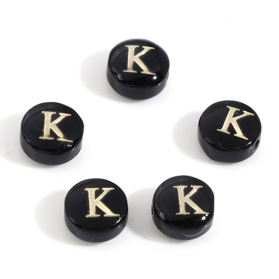 Image de Perles pour DIY Fabrication de Bijoux de Charme en Coquille Rond Noir Alphabet Initial/ Lettre Majuscule Mots" K " Double Face 8mm Dia, Taille de Trou: 0.5mm, 5 Pcs