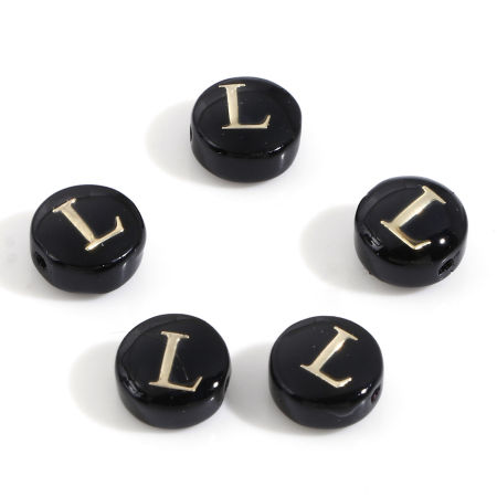 Picture of Natural Dyed Shell Loose Beads For DIY Jewelry Making Round Black Initial Alphabet/ Capital Letter Pattern Message " L " Double Sided About 8mm Dia, Hole:Approx 0.5mm, 5 PCs
