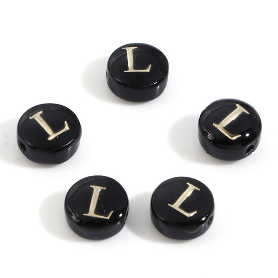 Picture of Natural Dyed Shell Loose Beads For DIY Charm Jewelry Making Round Black Initial Alphabet/ Capital Letter Pattern Message " L " Double Sided About 8mm Dia, Hole:Approx 0.5mm, 5 PCs
