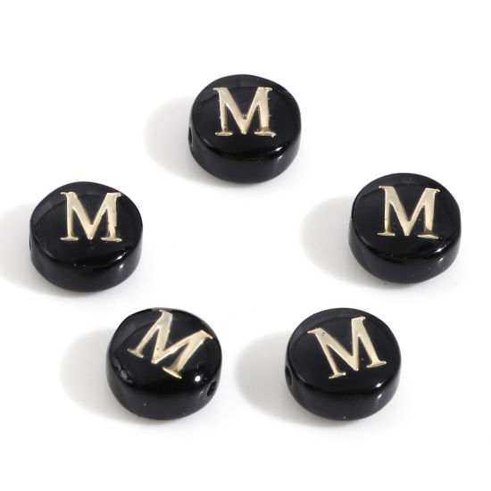 Picture of Natural Dyed Shell Loose Beads For DIY Charm Jewelry Making Round Black Initial Alphabet/ Capital Letter Pattern Message " M " Double Sided About 8mm Dia, Hole:Approx 0.5mm, 5 PCs