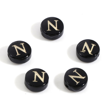 Picture of Natural Dyed Shell Loose Beads For DIY Jewelry Making Round Black Initial Alphabet/ Capital Letter Pattern Message " N " Double Sided About 8mm Dia, Hole:Approx 0.5mm, 5 PCs