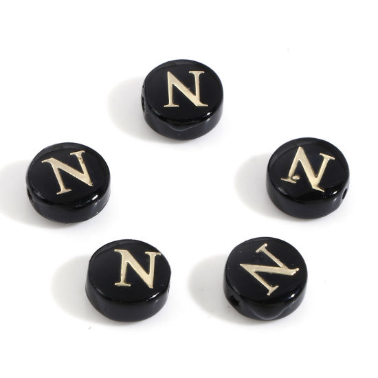 Picture of Natural Dyed Shell Loose Beads For DIY Charm Jewelry Making Round Black Initial Alphabet/ Capital Letter Pattern Message " N " Double Sided About 8mm Dia, Hole:Approx 0.5mm, 5 PCs
