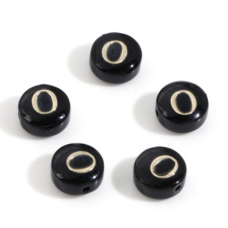Picture of Natural Dyed Shell Loose Beads For DIY Jewelry Making Round Black Initial Alphabet/ Capital Letter Pattern Message " O " Double Sided About 8mm Dia, Hole:Approx 0.5mm, 5 PCs