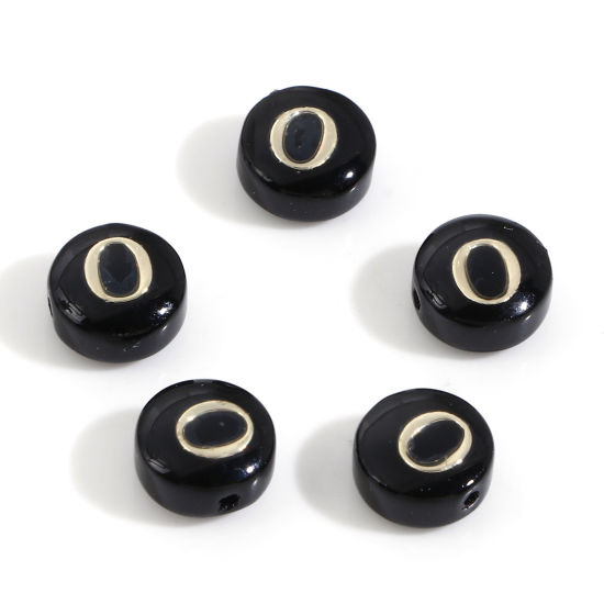 Image de Perles pour DIY Fabrication de Bijoux de Charme en Coquille Rond Noir Alphabet Initial/ Lettre Majuscule Mots" O " Double Face 8mm Dia, Taille de Trou: 0.5mm, 5 Pcs