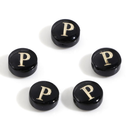 Image de Perles pour DIY Fabrication de Bijoux en Coquille Rond Noir Alphabet Initial/ Lettre Majuscule Mots" P " Double Face 8mm Dia, Taille de Trou: 0.5mm, 5 Pcs