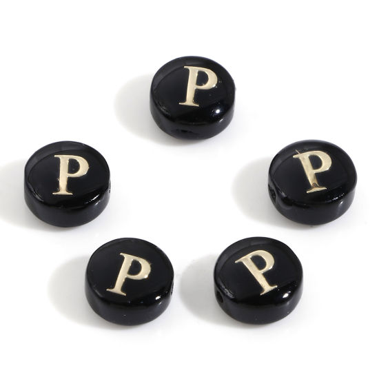 Picture of Natural Dyed Shell Loose Beads For DIY Charm Jewelry Making Round Black Initial Alphabet/ Capital Letter Pattern Message " P " Double Sided About 8mm Dia, Hole:Approx 0.5mm, 5 PCs