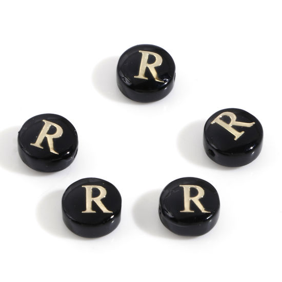 Picture of Natural Dyed Shell Loose Beads For DIY Charm Jewelry Making Round Black Initial Alphabet/ Capital Letter Pattern Message " R " Double Sided About 8mm Dia, Hole:Approx 0.5mm, 5 PCs