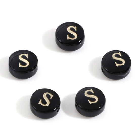 Picture of Natural Dyed Shell Loose Beads For DIY Charm Jewelry Making Round Black Initial Alphabet/ Capital Letter Pattern Message " S " Double Sided About 8mm Dia, Hole:Approx 0.5mm, 5 PCs