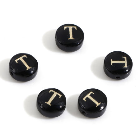 Picture of Natural Dyed Shell Loose Beads For DIY Jewelry Making Round Black Initial Alphabet/ Capital Letter Pattern Message " T " Double Sided About 8mm Dia, Hole:Approx 0.5mm, 5 PCs