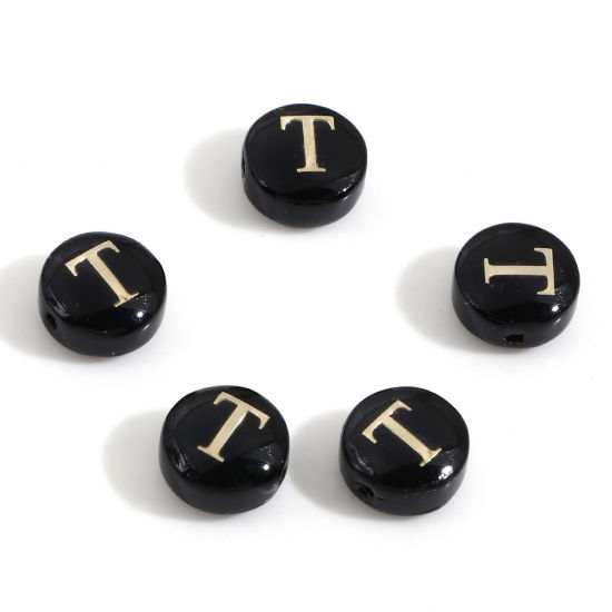 Picture of Natural Dyed Shell Loose Beads For DIY Charm Jewelry Making Round Black Initial Alphabet/ Capital Letter Pattern Message " T " Double Sided About 8mm Dia, Hole:Approx 0.5mm, 5 PCs