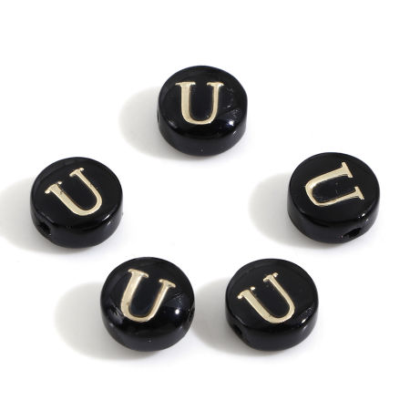 Picture of Natural Dyed Shell Loose Beads For DIY Jewelry Making Round Black Initial Alphabet/ Capital Letter Pattern Message " U " Double Sided About 8mm Dia, Hole:Approx 0.5mm, 5 PCs