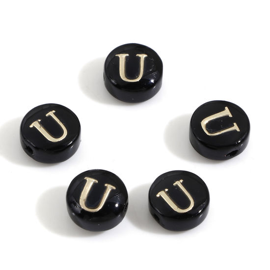Image de Perles pour DIY Fabrication de Bijoux de Charme en Coquille Rond Noir Alphabet Initial/ Lettre Majuscule Mots" U " Double Face 8mm Dia, Taille de Trou: 0.5mm, 5 Pcs