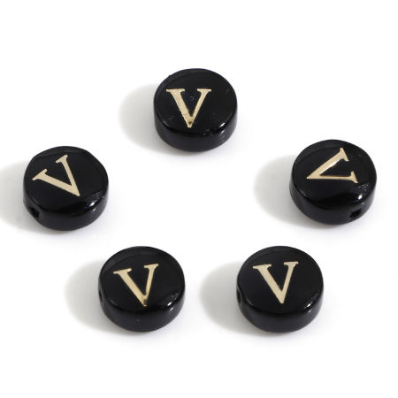 Picture of Natural Dyed Shell Loose Beads For DIY Jewelry Making Round Black Initial Alphabet/ Capital Letter Pattern Message " V " Double Sided About 8mm Dia, Hole:Approx 0.5mm, 5 PCs