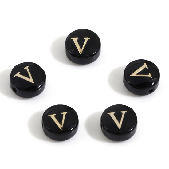 Picture of Natural Dyed Shell Loose Beads For DIY Charm Jewelry Making Round Black Initial Alphabet/ Capital Letter Pattern Message " V " Double Sided About 8mm Dia, Hole:Approx 0.5mm, 5 PCs