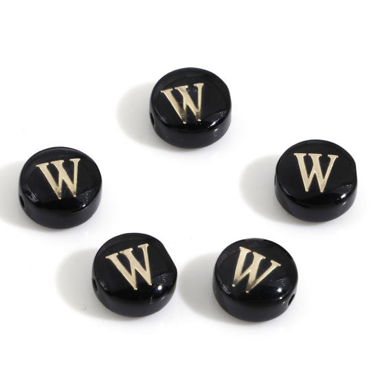 Image de Perles pour DIY Fabrication de Bijoux de Charme en Coquille Rond Noir Alphabet Initial/ Lettre Majuscule Mots" W " Double Face 8mm Dia, Taille de Trou: 0.5mm, 5 Pcs