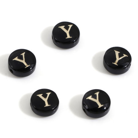 Picture of Natural Dyed Shell Loose Beads For DIY Jewelry Making Round Black Initial Alphabet/ Capital Letter Pattern Message " Y " Double Sided About 8mm Dia, Hole:Approx 0.5mm, 5 PCs