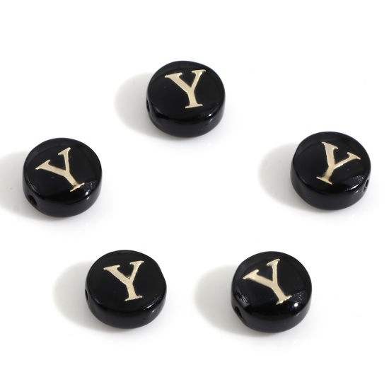 Image de Perles pour DIY Fabrication de Bijoux de Charme en Coquille Rond Noir Alphabet Initial/ Lettre Majuscule Mots" Y " Double Face 8mm Dia, Taille de Trou: 0.5mm, 5 Pcs