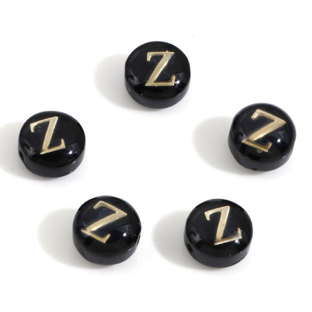 Picture of Natural Dyed Shell Loose Beads For DIY Jewelry Making Round Black Initial Alphabet/ Capital Letter Pattern Message " Z " Double Sided About 8mm Dia, Hole:Approx 0.5mm, 5 PCs