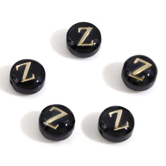 Picture of Natural Dyed Shell Loose Beads For DIY Charm Jewelry Making Round Black Initial Alphabet/ Capital Letter Pattern Message " Z " Double Sided About 8mm Dia, Hole:Approx 0.5mm, 5 PCs