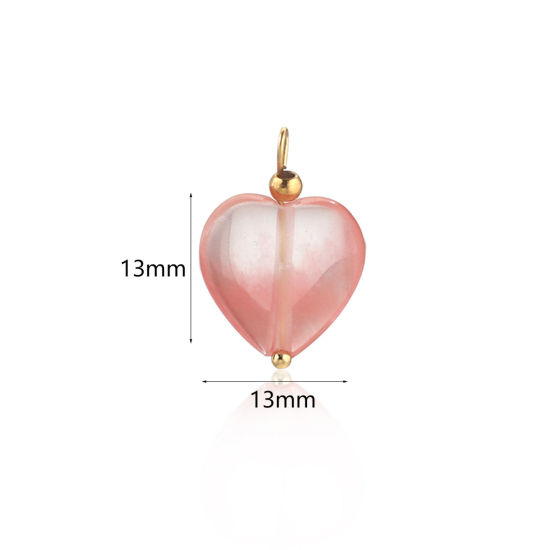 Picture of 1 Piece Rose Quartz Charms Gold Plated Peach Pink Heart 13mm x 13mm