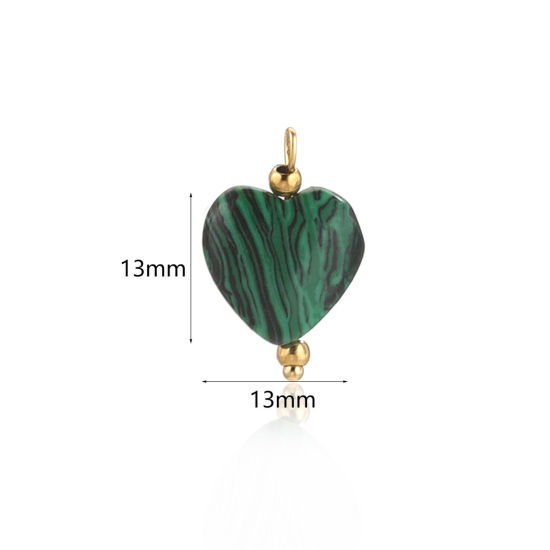 Picture of 1 Piece Malachite Charms Gold Plated Dark Green Heart 13mm x 13mm