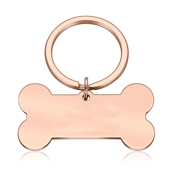 Picture of 1 Piece Stainless Steel & Iron Based Alloy Pet Memorial Blank Stamping Tags Keychain & Keyring Rose Gold Bone Double-sided Polishing 40mm x 21mm