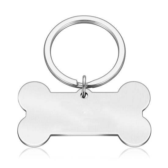 Picture of 1 Piece Stainless Steel & Iron Based Alloy Pet Memorial Blank Stamping Tags Keychain & Keyring Silver Tone Bone Double-sided Polishing 50mm x 28mm