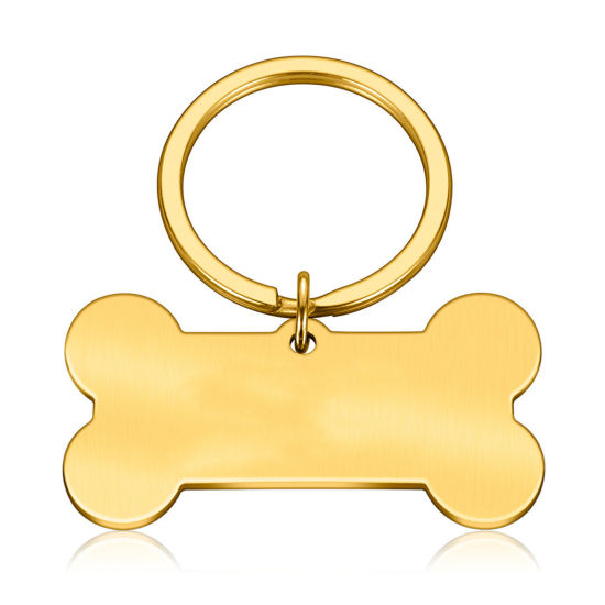 Picture of 1 Piece Stainless Steel & Iron Based Alloy Pet Memorial Blank Stamping Tags Keychain & Keyring Gold Plated Bone Double-sided Polishing 50mm x 28mm