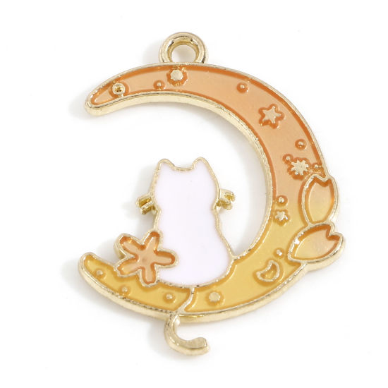 Imagen de Zamak Galaxia Colgantes Charms Chapado en Oro Naranja Rosa Luna Media Gato Esmalte 28mm x 20mm, 10 Unidades