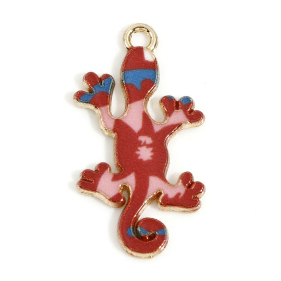 Image de Breloques en Alliage de Zinc Doré Rouge Lézard Émail 27mm x 14mm, 10 Pcs