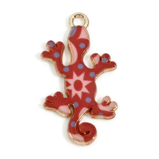 Image de Breloques en Alliage de Zinc Doré Rouge Lézard Émail 27mm x 14mm, 10 Pcs