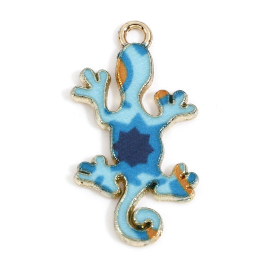 Image de Breloques en Alliage de Zinc Doré Bleu Clair Lézard Émail 27mm x 14mm, 10 Pcs