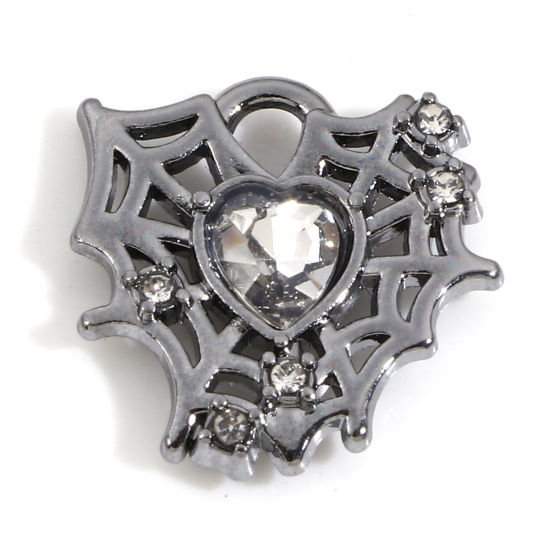 Picture of Zinc Based Alloy Halloween Charms Gunmetal Halloween Cobweb Heart Clear Rhinestone 16mm x 16mm, 5 PCs