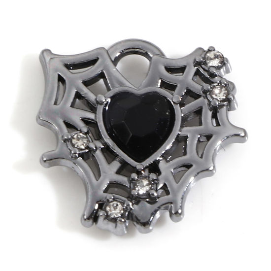 Picture of Zinc Based Alloy Halloween Charms Gunmetal Halloween Cobweb Heart Black Rhinestone 16mm x 16mm, 5 PCs