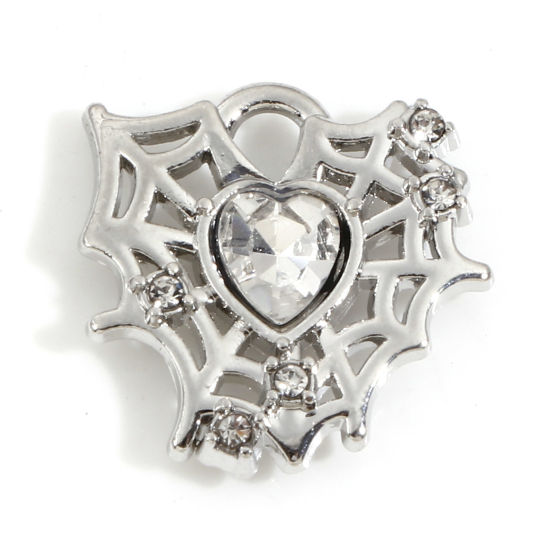 Picture of Zinc Based Alloy Halloween Charms Silver Tone Halloween Cobweb Heart Clear Rhinestone 16mm x 16mm, 5 PCs