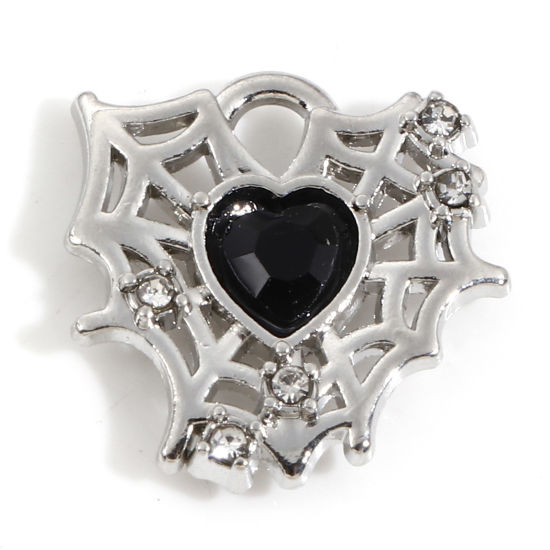 Picture of Zinc Based Alloy Halloween Charms Silver Tone Halloween Cobweb Heart Black Rhinestone 16mm x 16mm, 5 PCs